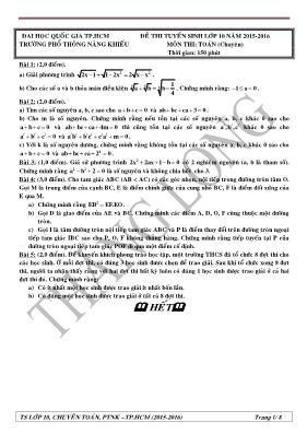 Đề thi tuyển sinh lớp 10 năm 2015 - 2016 môn thi Toán (chuyên) -Trường phổ thông Năng Khiếu